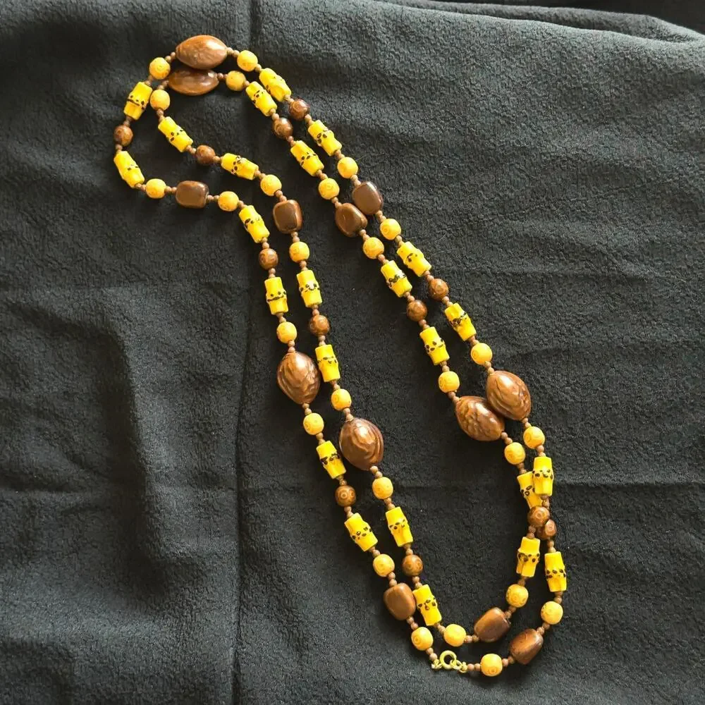 Vintage Faux Carved Bone Plastic Bead Necklace Brown Yellow Tribal Style 52”